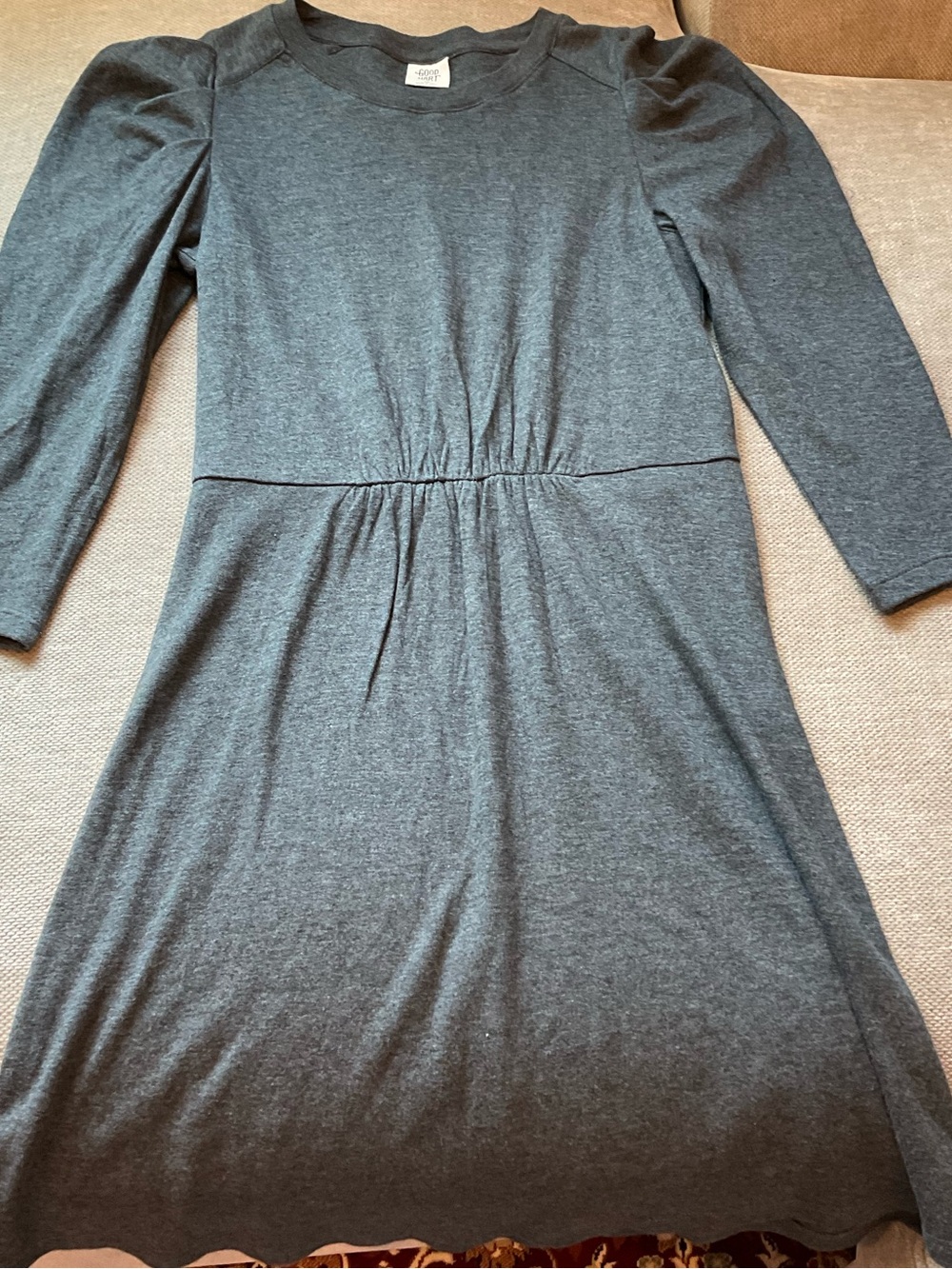 Women's Grey Puff Sleeve Midi Heathered Gray Gathered Waist-Detail Dress